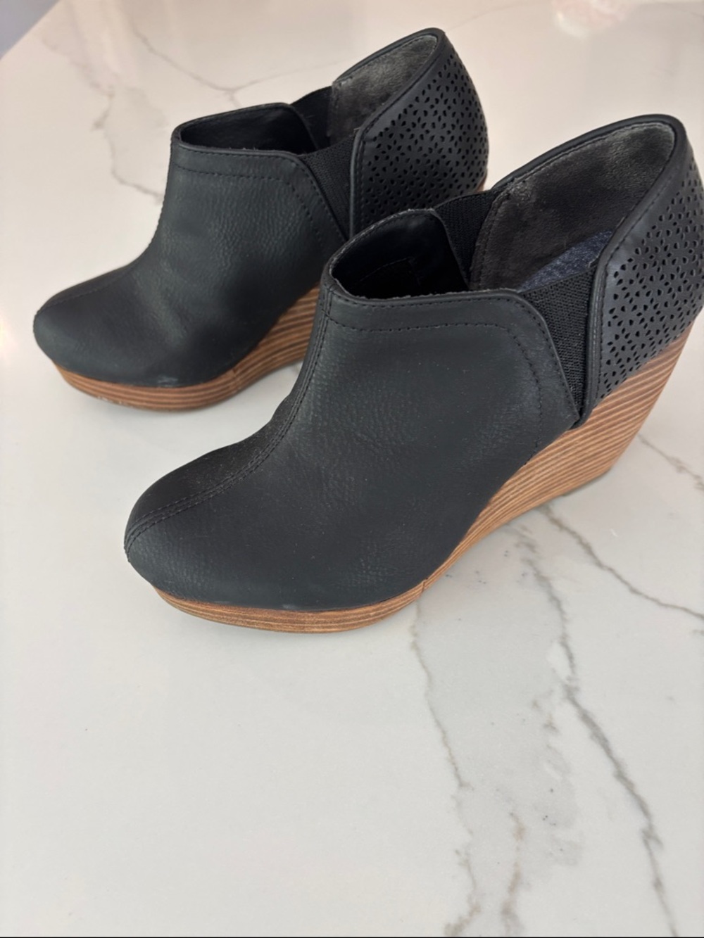 Dr Scholl’s Women's Black Wedge Bootie with Wood-Effect Heel